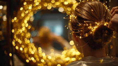 Woman preparing for a special event with fairy lights in her hair in a cozy settingの素材