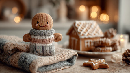 Festive handmade gingerbread man next to cozy knitted blanket and gingerbread house during winter holidaysの素材