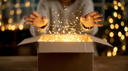 Magical moment as hands reveal sparkling lights from an opened box during a festive celebration at homeの素材