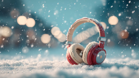 Colorful headphones resting on fresh snow while gentle snowflakes fall from the evening skyの素材