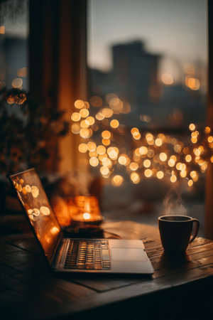 Cozy evening setup with laptop, warm beverage, and twinkling lights in a city spaceの素材