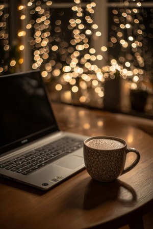 Cozy evening with laptop and warm drink against a backdrop of glowing lights during winter nightの素材