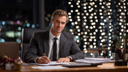 Professional man working late at his desk with holiday lights in the background during evening hoursの素材