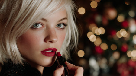 Woman applying red lipstick with a blurred festive background during the holiday seasonの素材