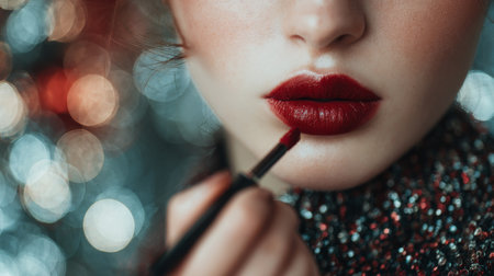 Close-up of a woman applying deep red lipstick during a festive celebration at nightの素材