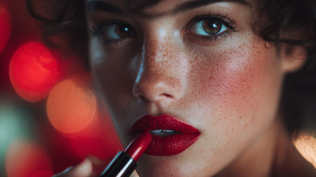 Vibrant woman applying bold red lipstick during a beauty session in a softly lit room filled with warm colorsの素材