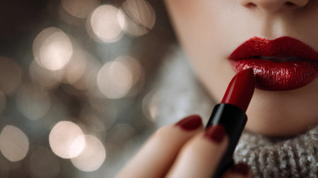 Woman applying red lipstick in a cozy setting during winterの素材