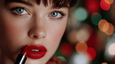 Bold red lipstick application by a woman with striking blue eyes during a festive season celebrationの素材