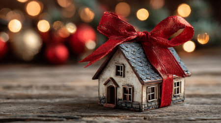 Small house model wrapped with a red ribbon sits on a wooden table surrounded by festive decorationsの素材