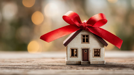 Small house figurine with a red ribbon on a wooden table, symbolizing gifts and new beginnings during the holidaysの素材