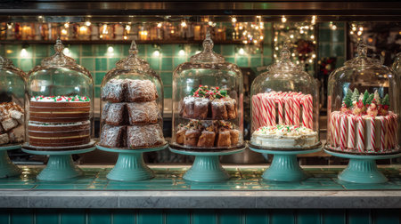 Beautiful display of festive desserts in a cozy bakery during the holiday seasonの素材