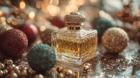 Golden perfume bottle surrounded by festive decorations and sparkling lights during a holiday celebration in winter eveningsの素材