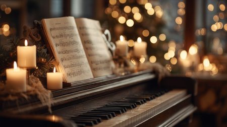 Beautifully decorated piano with sheet music and candles beside a cozy holiday setting in the eveningの素材