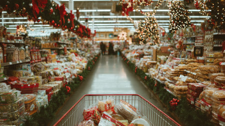 Grocery store aisle filled with holiday decorations and festive food items during the Christmas shopping seasonの素材