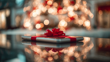 Gift wrapped smartphone placed on a glossy table with a blurred festive backgroundの素材