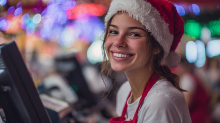 Young woman wearing Santa hat smiles cheerfully behind cash register during holiday season eventの素材
