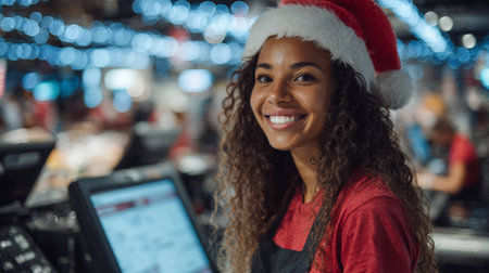 Smiling employee wears Santa hat in busy holiday market while assisting customersの素材