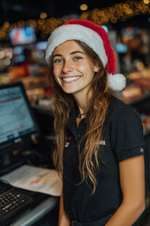 Young woman wearing a Santa hat smiles while working at a counter during the holiday seasonの素材