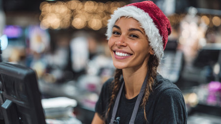 Woman wearing a Santa hat smiles brightly while working at a retail store during the holiday seasonの素材