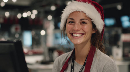Smiling employee in a Santa hat working during the holiday season at a busy retail storeの素材