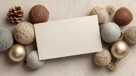 Decorated surface with blank card surrounded by holiday ornaments and natural elements in warm colorsの素材