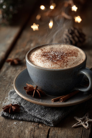 Warm cup of spiced coffee on wooden table during cozy winter eveningの素材