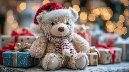 Cute teddy bear in a Santa hat surrounded by colorful holiday gifts at a festive settingの素材
