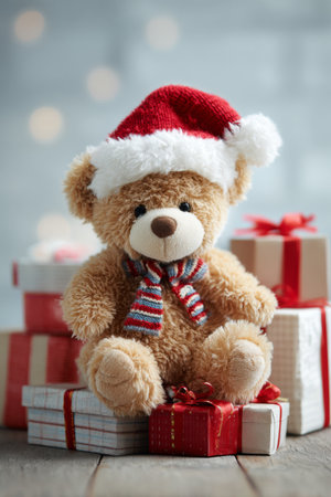 Cute teddy bear in a Santa hat surrounded by colorful gift boxes during the holiday seasonの素材