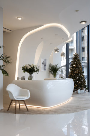 Modern reception area with elegant decor and Christmas tree in a stylish buildingの素材