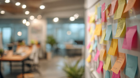 Brightly colored sticky notes on a whiteboard in a modern office during a collaborative team brainstorming sessionの素材