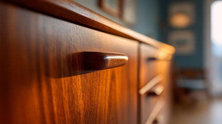 Magnificent wood grain cabinet reflecting warm light in a bright interior spaceの素材