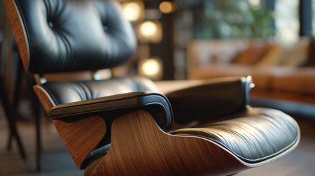 Elegant leather chair with wooden accents in a modern living room setting during daylight hoursの素材