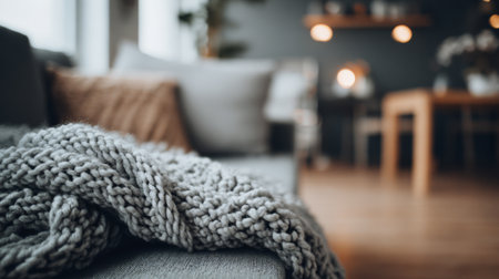 Cozy gray knitted blanket draped over a couch in a warm living room with soft lighting and inviting decorの素材