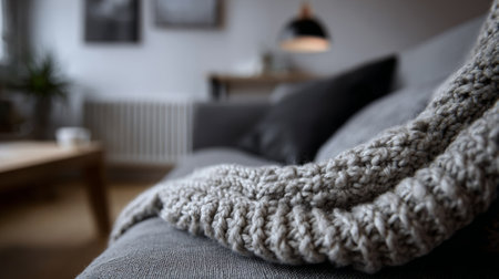 Cozy interior with a knitted blanket and modern decor in a warm living room setting during the afternoonの素材