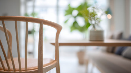 Stylish wooden chair and table in a bright, modern interior with greeneryの素材
