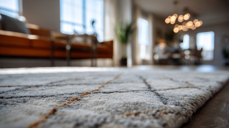 Cozy living room with a modern rug and warm natural light illuminating the spaceの素材