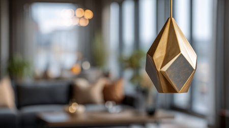 Elegant geometric pendant light illuminating a modern living space with a city view during the dayの素材