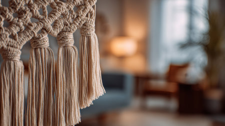 Tassels of macrame decor hang elegantly in a cozy living room setting during the afternoon lightの素材