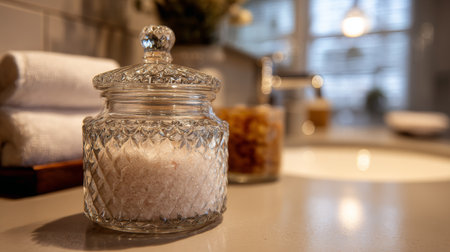 Decorative glass jar filled with bath salt placed on a countertop with towels in a serene bathroom settingの素材