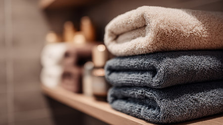 Warm and inviting towels neatly arranged on a wooden shelf in a modern bathroom setting during daylightの素材