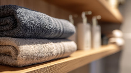 Soft towels neatly arranged on wooden shelf in a modern bathroom with natural lightingの素材