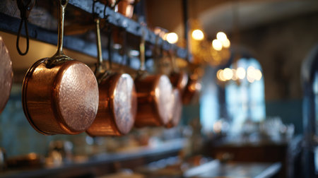 Beautifully arranged copper pots hanging in an elegant kitchen with a warm ambianceの素材