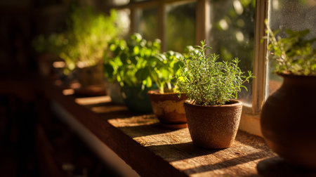 Window sill with potted herbs basking in warm sunlight during afternoon hoursの素材