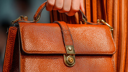 Handheld leather handbag showcases craftsmanship and style during fashion event in a stylish urban settingの素材