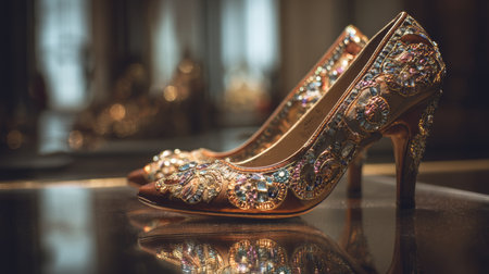 Elegant gold embellished high heels displayed in a luxurious setting highlight the artistry of shoe design during evening hoursの素材