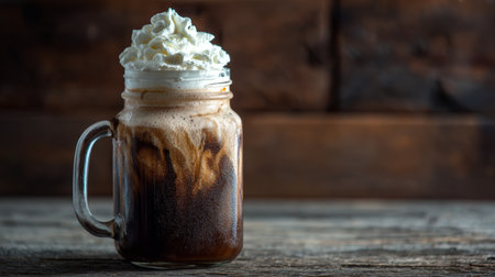 Richly layered coffee drink topped with whipped cream sits on a rustic wooden surface in a cozy settingの素材