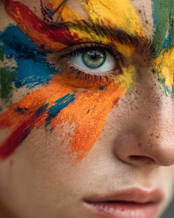 Colorful face paint enhances expressive eyes during a cultural festival celebration at sunset in a vibrant outdoor settingの素材