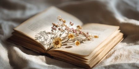 Open book with dried flowers resting on pages on soft fabric in warm natural lightの素材