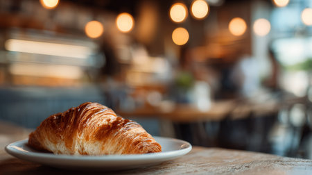 Warm croissant served on a plate in a cozy cafe during morning hours filled with soft lighting and busy patronsの素材