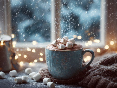 Warm cup of hot chocolate with marshmallows by a window on a snowy winter evening with soft lightsの素材